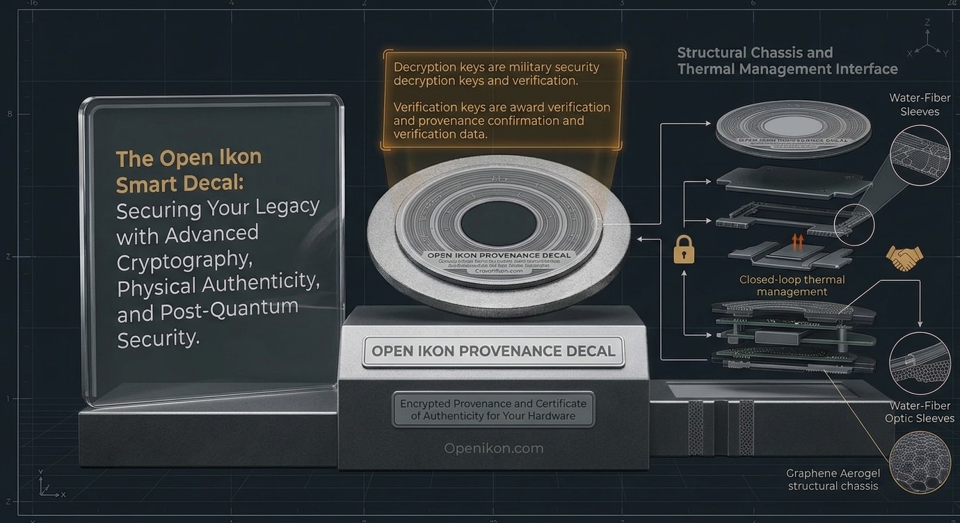 Open Ikon Smart Decal — cryptographic security, thermal management interface, and structural chassis diagram
